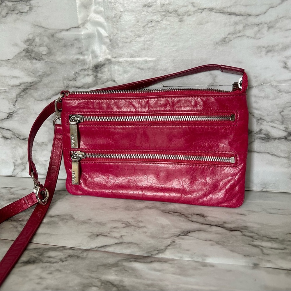 Hobo | fuchsia pink leather crossbody bag with silver hardware adjustable strap